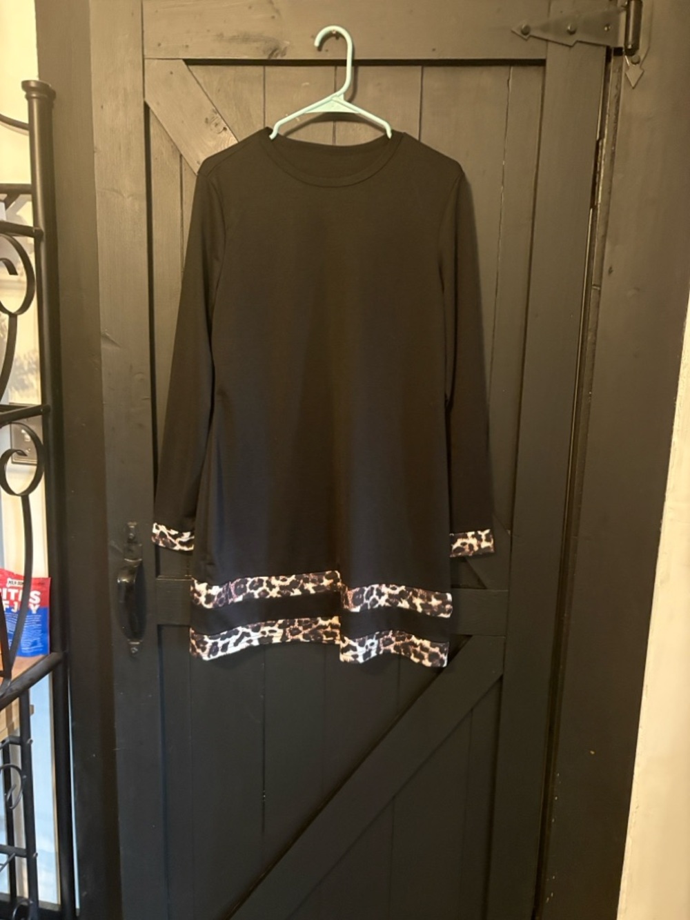 Black Long Sleeve Dress with Leopard Trim